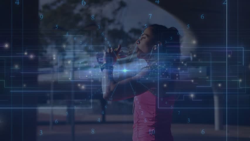 Female singer gripping microphone and activating luminous grid while singing music technology demo. Performance, digitalart, futuristic, entertainment, vibrant, creativity, concert