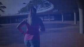 Jogger moving across plaza under canopy activating bars and line overlay showing fitness data. Athletic, urban, progress, innovation, wellness, motivation, technology - Powered by Shutterstock - Get 15% off with code: PIKWIZARD15