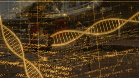 Glowing DNA helix rotating tech code revealing kneeling runner stretching calf preparing for run. Futuristic, science, innovation, athletic, outdoor, technology, determination - Powered by Shutterstock - Get 15% off with code: PIKWIZARD15