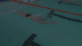 Man pushing off wall gliding underwater along red lane rope analyzing tech data bars sliding. Swimmer, aquatic, motion, technology, data visualization, digital, futuristic - Powered by Shutterstock - Get 15% off with code: PIKWIZARD15