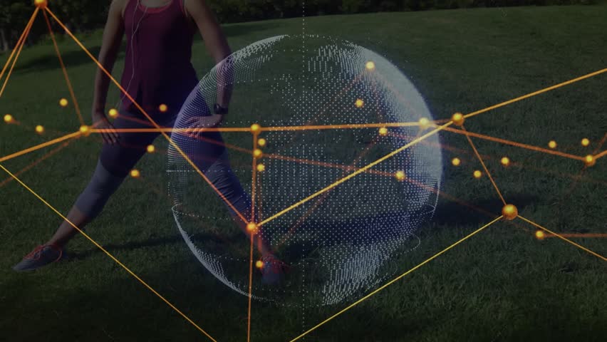Woman settling into side lunge on park lawn, torso twisting activating pulsing fitness code grid. Fitness, technology, digital, movement, outdoor, innovation, wellness