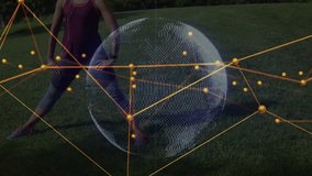 Woman settling into side lunge on park lawn, torso twisting activating pulsing fitness code grid. Fitness, technology, digital, movement, outdoor, innovation, wellness - Powered by Shutterstock - Get 15% off with code: PIKWIZARD15