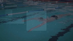 Male swimmer executing front crawl in pool, starting technology HUD overlay tracking head position. Athlete, aquatic, futuristic, biometric, performance, training, speed - Powered by Shutterstock - Get 15% off with code: PIKWIZARD15