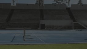 Two athletes sprinting clearing hurdle on blue track, generating code overlay for sports analytics. Athletics, performance, speed, competition, fitness, data visualization, technology - Powered by Shutterstock - Get 15% off with code: PIKWIZARD15