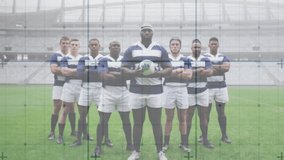 Rugby captain posing with teammates grid lines flickering camera zooming showing ball for sports ad. Athletes, teamwork, competitive, sporty, stadium, victory, strength - Powered by Shutterstock - Get 15% off with code: PIKWIZARD15