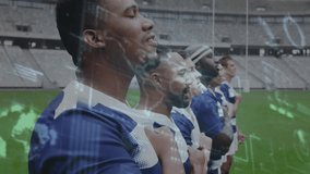 Football players singing anthem, camera panning, showing maps with puzzle piece labelled Solutions. Team, athletes, stadium, outdoor, performance, unity, digital - Powered by Shutterstock - Get 15% off with code: PIKWIZARD15