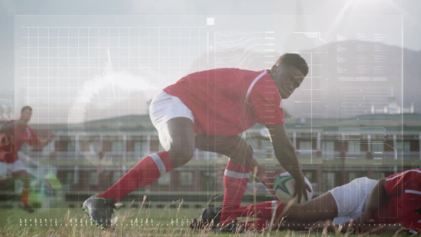 Male rugby player recovering ball on pitch, positioning pass with translucent HUD overlay. Athlete, teamwork, competition, sports, motion, strategy, outdoor - Powered by Shutterstock - Get 15% off with code: PIKWIZARD15