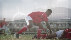 Male rugby player recovering ball on pitch, positioning pass with translucent HUD overlay. Athlete, teamwork, competition, sports, motion, strategy, outdoor - Powered by Shutterstock - Get 15% off with code: PIKWIZARD15