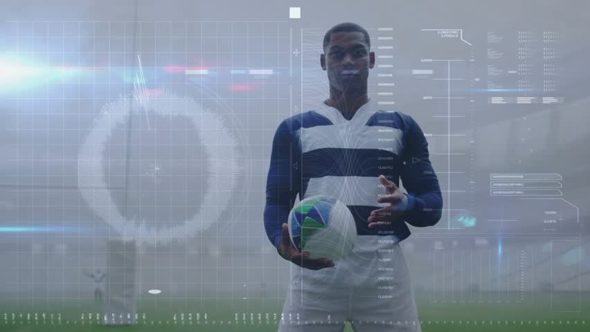 Male athlete shifting soccer ball to hip as holographic data appear animating for sports analytics. Athlete, sports analytics, futuristic design, digital interface, stadium, performance data, - Powered by Shutterstock - Get 15% off with code: PIKWIZARD15