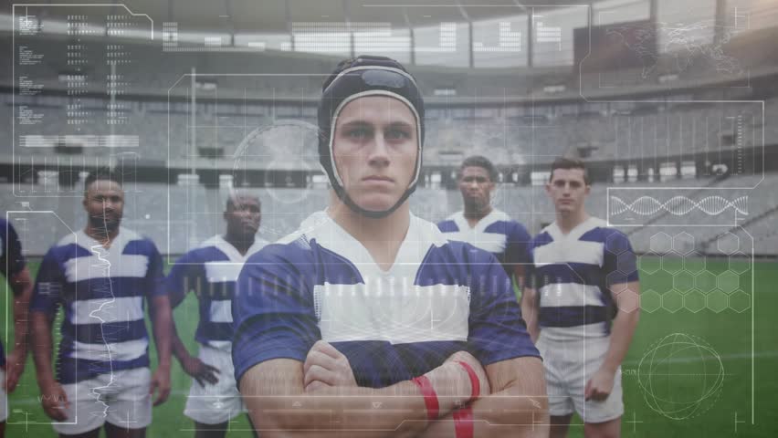 Camera holding rugby player and team showing fading overlay scanning biometric data for sports tech. Athlete, sports, futuristic, motion, teamwork, innovation, analysis - Powered by Shutterstock - Get 15% off with code: PIKWIZARD15