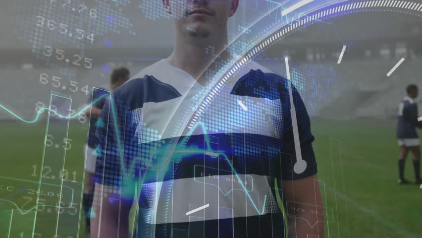 Rugby player on pitch receiving surging graphs and rotating charts fading in for sports analytics. Athlete, teamwork, data visualization, innovation, sports technology, professional, strategic - Powered by Shutterstock - Get 15% off with code: PIKWIZARD15