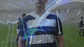 Rugby player on pitch receiving surging graphs and rotating charts fading in for sports analytics. Athlete, teamwork, data visualization, innovation, sports technology, professional, strategic - Powered by Shutterstock - Get 15% off with code: PIKWIZARD15