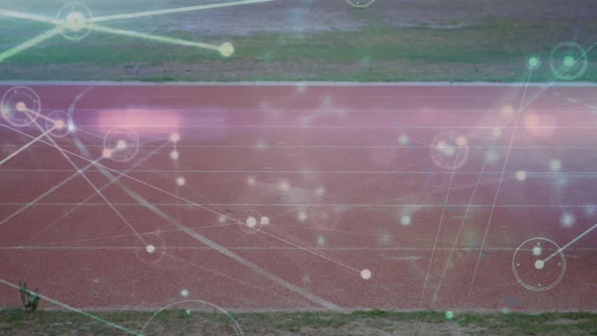 Girl entering track before run and tying shoelace with animated sports data overlays interacting. Athletics, sport, competition, digital, futuristic, performance, endurance - Powered by Shutterstock - Get 15% off with code: PIKWIZARD15