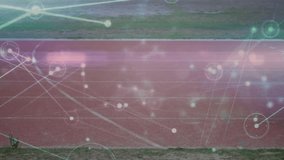 Girl entering track before run and tying shoelace with animated sports data overlays interacting. Athletics, sport, competition, digital, futuristic, performance, endurance - Powered by Shutterstock - Get 15% off with code: PIKWIZARD15