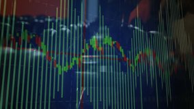 Live financial chart overlay filling screen, bars dipping then rebounding as trader types commands. Finance, trading, technology, analysis, data, market, investment - Powered by Shutterstock - Get 15% off with code: PIKWIZARD15