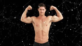 Shirtless male flexing in analytics grid fading HUD panels while inspecting arm with updating data. Futuristic, technology, fitness, data, digital, analysis, conceptual - Powered by Shutterstock - Get 15% off with code: PIKWIZARD15