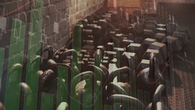 Camera panning showing free weights, plyo box, barbell bench and med ball while charts drifting. Gym, fitness, strength, workout, training, industrial, training equipment - Powered by Shutterstock - Get 15% off with code: PIKWIZARD15