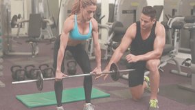 Client receiving trainer tapping barbell initiating deadlift tracking fitness stats, charts rising. Strength training, personal coaching, performance analysis, functional fitness, gym workout, - Powered by Shutterstock - Get 15% off with code: PIKWIZARD15