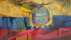 Warehouse worker scanning boxes with scanner, tracking stock data on tablet with Ecuadorian flag. Logistics, inventory, automation, industry, warehouse, technology, efficiency - Powered by Shutterstock - Get 15% off with code: PIKWIZARD15