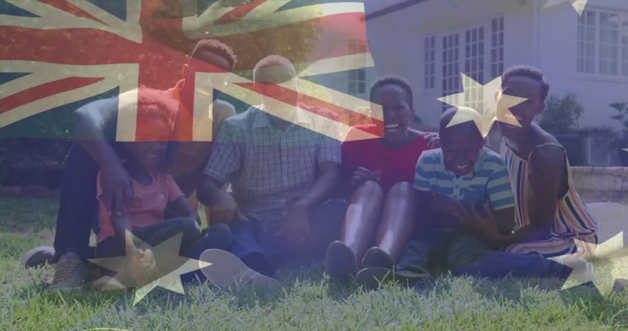 Family sitting on lawn, marketer applying semi-transparent Australian flag overlay for marketing. Family, outdoor, community, multicultural, celebration, harmony, joy