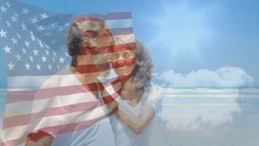 Senior couple sharing gestures celebrating patriotism on beach as transparent American flag fading. Romantic, coastal, sunset, serenity, companionship, tranquility, landscape - Powered by Shutterstock - Get 15% off with code: PIKWIZARD15