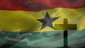 On loop start, Ghana flag rippling across cloudy sky, cross silhouette holding steady for faith. Patriotism, spirituality, digital animation, cultural icon, heritage, faith, national pride - Powered by Shutterstock - Get 15% off with code: PIKWIZARD15