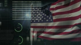 Fluttering American flag starting finance dashboard animating gauges charts visualizing global data. Patriotic, technology, finance, analytics, visualization, mobile, innovation - Powered by Shutterstock - Get 15% off with code: PIKWIZARD15