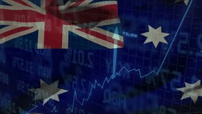 Australian flag rippling into financial grid, line graph rising while arrows pulsing showing growth. Patriotism, investment, analytics, technology, digital, economy, trends - Powered by Shutterstock - Get 15% off with code: PIKWIZARD15