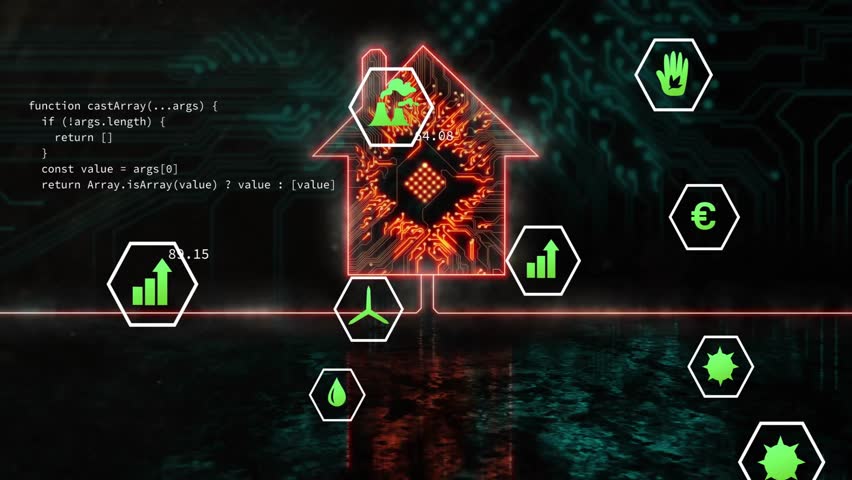 Code snippet switching and updating hexagon metrics around glowing circuit-board house silhouette. Technology, data visualization, digital interface, cybersecurity, futuristic, innovation, analytics - Powered by Shutterstock - Get 15% off with code: PIKWIZARD15