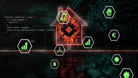 Code snippet switching and updating hexagon metrics around glowing circuit-board house silhouette. Technology, data visualization, digital interface, cybersecurity, futuristic, innovation, analytics - Powered by Shutterstock - Get 15% off with code: PIKWIZARD15