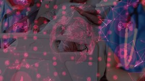 Female nurse in scrubs updating patient vitals on tablet and activating red holographic overlay. Medical technology, healthcare, digital interface, patient management, telemedicine, hospital - Powered by Shutterstock - Get 15% off with code: PIKWIZARD15