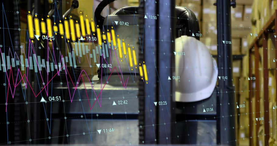 Financial charts fading in on forklift scene, pulsing sideways to show market decline over time. Industrial, logistics, analytics, technology, warehouse, data, operation