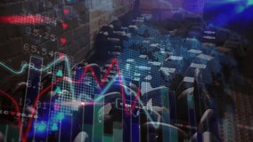 Focusing dumbbell rack panning animating world map and rising lines visualizing fitness trends. Gym, analytics, technology, strength, data, innovation, performance - Powered by Shutterstock - Get 15% off with code: PIKWIZARD15