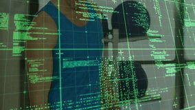 Man entering home gym grabbing dumbbell performing bicep curls as green code overlay animating. Fitness, technology, training, innovation, strength, digital, workout - Powered by Shutterstock - Get 15% off with code: PIKWIZARD15