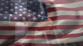 Executive holding smartphone and swiping screen with waving US flag overlay showcasing tech. Patriotism, technology, communication, business, digital, innovation, professionalism - Powered by Shutterstock - Get 15% off with code: PIKWIZARD15