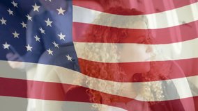 Flag graphic fading in triggers man checking smartphone for business data while woman holding gaze. Patriotism, corporate, travel, communication, professional, modern, interior - Powered by Shutterstock - Get 15% off with code: PIKWIZARD15