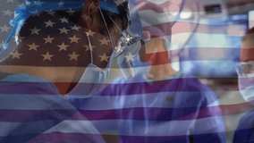 Surgeon requesting scalpel and assistant handing tool, transparent American flag drifting over OR. Medical, healthcare, operation, teamwork, precision, sterile, modern - Powered by Shutterstock - Get 15% off with code: PIKWIZARD15