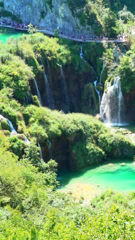 Waterfalls flowing at Plitvice Lakes National Park in Croatia