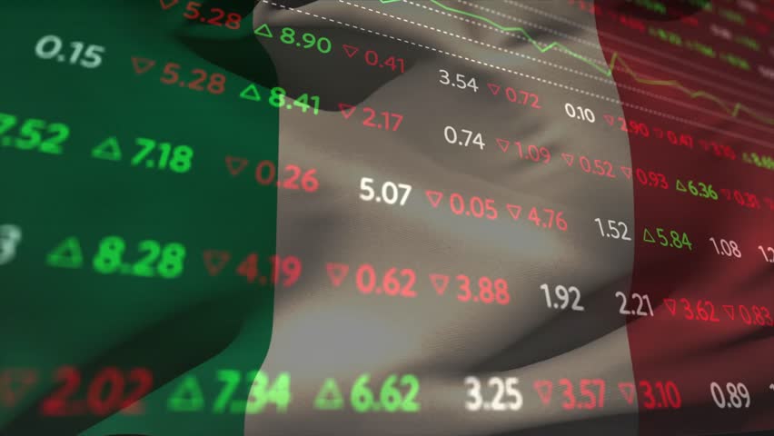 Sequence starting Italian flag waving while data updating and graph shifting showing market trends. Vibrant, dynamic, patriotic, financial, broadcast, modern, analytical