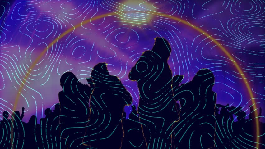 Animated purple contour lines drifting causing silhouetted crowd swaying dancing energizing visuals. Dynamic, vibrant, immersive, futuristic, concert, nightlife, abstract