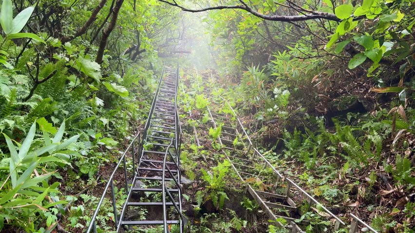 Mountain stream flowing through lush greenery on Mt Yudono, Yamagata, Japan