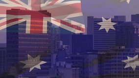 Dusk falling showing transparent Australian flag waving on skyline stars rippling revealing windows. Urban, modernization, patriotism, civic, metropolis, animation, sophistication - Powered by Shutterstock - Get 15% off with code: PIKWIZARD15