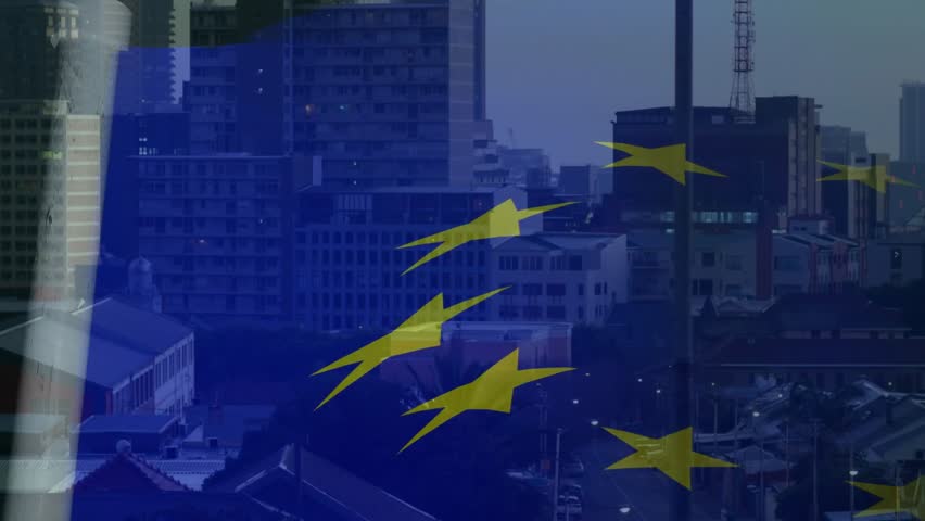 Opening shot showing EU flag overlay sliding across skyline, fading revealing dusk cityscape. Urban, skyline, dusk, cityscape, abstract, modern, atmospheric