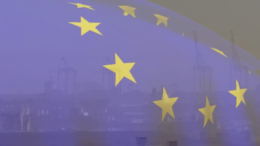 Blue overlay unveiling hazy skyline yellow stars emerging rotating and forming EU flag motif. Abstract, urban, futuristic, minimalist, institutional, civic, corporate