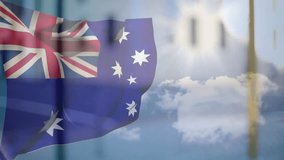 sunrise creating gentle breeze causing Australian flag on pole softly rippling over blue sky. Patriotic, outdoor, motion, national emblem, scenic, symbolism, serene - Powered by Shutterstock - Get 15% off with code: PIKWIZARD15