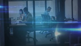 Office coworkers typing on laptops as network graphic emerging and visualizing data links. Collaboration, connectivity, technology, workspace, digital, communication, professional - Powered by Shutterstock - Get 15% off with code: PIKWIZARD15