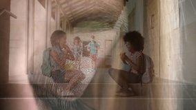 Girls snacking and chatting in school hallway while classmates approaching activating code overlay. School, friendship, technology, digital, youth, casual, corridor - Powered by Shutterstock - Get 15% off with code: PIKWIZARD15