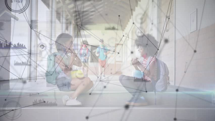Girls squatting pulling lunch activating network overlay snack sharing while schoolmates passing by. Friendship, social interaction, childhood, outdoor environment, connection, casual, collaboration