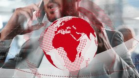 Tech executive tapping smartphone, activating rotating network globe fading for global connectivity. Global, technology, networking, digital, communication, corporate, innovation - Powered by Shutterstock - Get 15% off with code: PIKWIZARD15