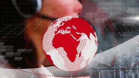 Rotating globe revealing support agents typing and speaking into mics showcasing customer service. Technology, communication, collaboration, office, workspace, innovation, data - Powered by Shutterstock - Get 15% off with code: PIKWIZARD15